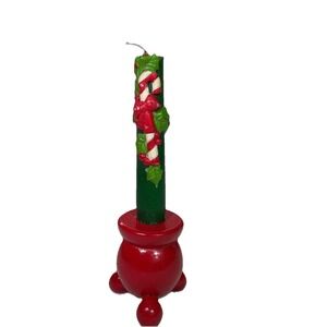 Vintage‎ Christmas 7" Candle And Wooden Holder Green With Candy Cane